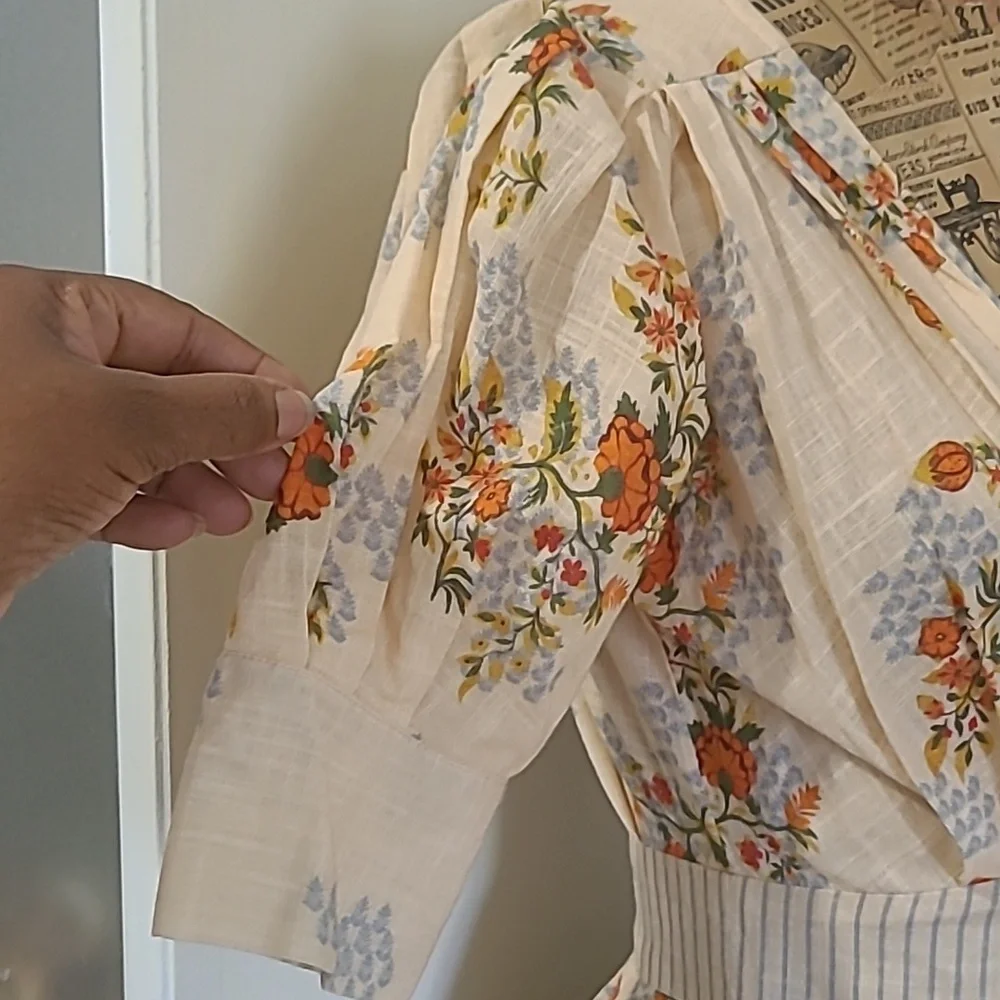 Agua Bendita Menta Sunbaze by Antropologie Floral Beige Mini Dress Pleated - Picture 8 of 10